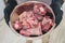 Cutted oxtail in a bowl. Raw meat