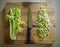 Cutted and whole celery on a wooden board with a knife