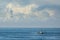 A cutter with lifted drag nets on the blue water of the North sea