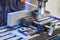 Cutting aluminium billet with machine. Circular milling machine cutting metal profile..Steel industry