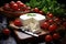 A cutting board with a block of cheese and cherry tomatoes, making a colorful and inviting snack