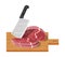 Cutting board, butcher cleaver and piace of meat.