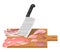 Cutting board, butcher cleaver and piace of meat.