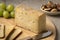 Cutting board with Italian Taleggio Tartufo cheese close up