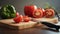 A cutting board with tomatoes and a knife on it. AI generative image.