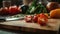 A cutting board with tomatoes, peppers, and a knife on it. AI generative image.