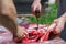 Cutting process of young lamb carcass with butcher axe