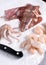 Cutting raw seafood squid and shrimps