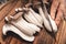 Cutting slices of king oyter mushrooms, fresh raw Pleurotus eryngii fungi