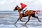 Cuxhaven, Germany - Aug 25, 2019: equestrian at the horse race in the mud flat at Duhner Wattrennen