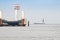 Cuxhaven, Germany - November 10, 2019. Port with tower and Kugelbake landmark in background