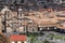 Cuzc-Peru, city and aerial view of the Plaza de Armas and church with a background of mountains on June 2019