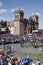 cuzco in festival of the sun inti raymi with people dancing in the square with the cathedral,