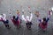 cuzco in festival of the sun inti raymi with typical clothes dancing and typical hat top view with cobblestone street