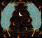 Cyan feathers on a black background, red lines and orange months and in the center a white crescent moon