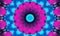 Cyan flower on pink star background. Detailed wallpaper with many circles, squares and decorative flowers in rows and columns in