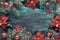 Cyan red Christmas background with poinsettia, fir twigs, glass balls and snowflakes. Acrylic background in grey and