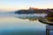 The cyan Xiaoqing lake and morning fog