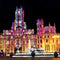 Cybele Palace at the Plaza de Cibeles with light trails of the traffic at night, Madrid, Spain