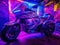 Cyber bike parked by UV graffiti mural