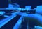 Cyber blue isometric neon city virtual reality background.