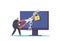 Cyber Crime, Hacker Attack Concept. Tiny Robber In Mask With Cutters Destroy Padlock On Huge Desktop with Information