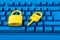 Cyber data and information security idea. Yellow padlock and key and blue keyboard. Computer, information safety, confidentiality