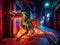 Cyber dragon spewing neon fire in alley