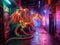 Cyber dragon spewing neon fire in alley