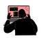 Cyber hacker thief stealing secret user information from the laptop. Vector illustration in flat cartoon style.