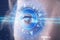 Cyber man with technolgy eye looking into blue iris