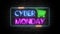 Cyber Monday animation neon light sign with shopping cart on brick wall. Sale banner blinking neon sign style for promo