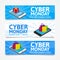 Cyber Monday banners. Isometric smartphones with gift box and colorful paper bags. Online shopping concept.