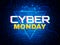 Cyber monday concept. Advertisement banner. Online sale design. Futuristic style poster. Cyber monday sign on blue