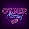 Cyber Monday neon banner. Bright neon advertising night signboard for sale of cyber monday. Vector.