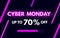 Cyber Monday sale banner in modern neon style. Bright purple luminous signboard. Nightly advertising of sales rebates of