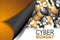 Cyber Monday Sale banner. Shiny balloons over wooden wall and glowing lights garland under peeling off wrapping paper.