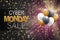 Cyber Monday sale banner. Special offer discount. Black background with balloons and confetti.