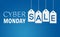 Cyber Monday Sale Banner on white hanging tags and blue background