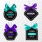 Cyber monday sale labels. Promotion price tags with blue bow and silk ribbon. Big sell-out marketing banners, signage