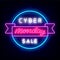 Cyber monday sale retro neon sign. Luminous emblem with ribbon. Isolated vector stock illustration