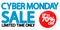 Cyber Monday, Sale up to 70% off, horizontal promo poster design template, mega offer, final deal, vector illustration