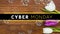 Cyber monday text banner over floral designs in heart shape floating and daisies on wooden surface