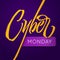 Cyber Monday typography. Yellow inscription Cyber and stylish letters Monday on a dark purple background.