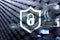 Cyber protection shield icon on server room background. Information Security and virus detection