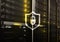 Cyber protection shield icon on server room background. Information Security and virus detection