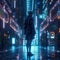 Cyber punk city and girl standing in the middle of the street generative AI illustration