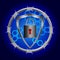 Cyber security blue background with shield and padlock