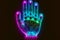 Cyber security concept background as glow neon palm with circuit theme. hand scan in futuristic style. Generative AI