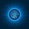 Cyber security data, blue fingerprint circuit on dark background.